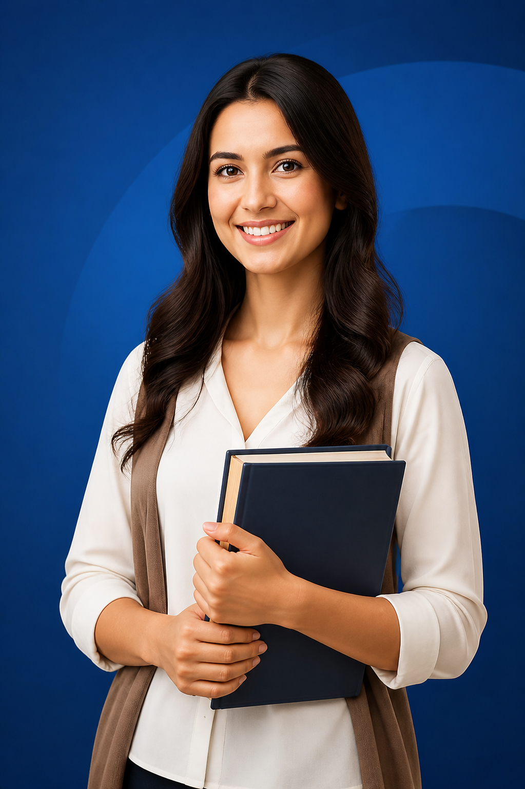 Smiling online teacher holding books